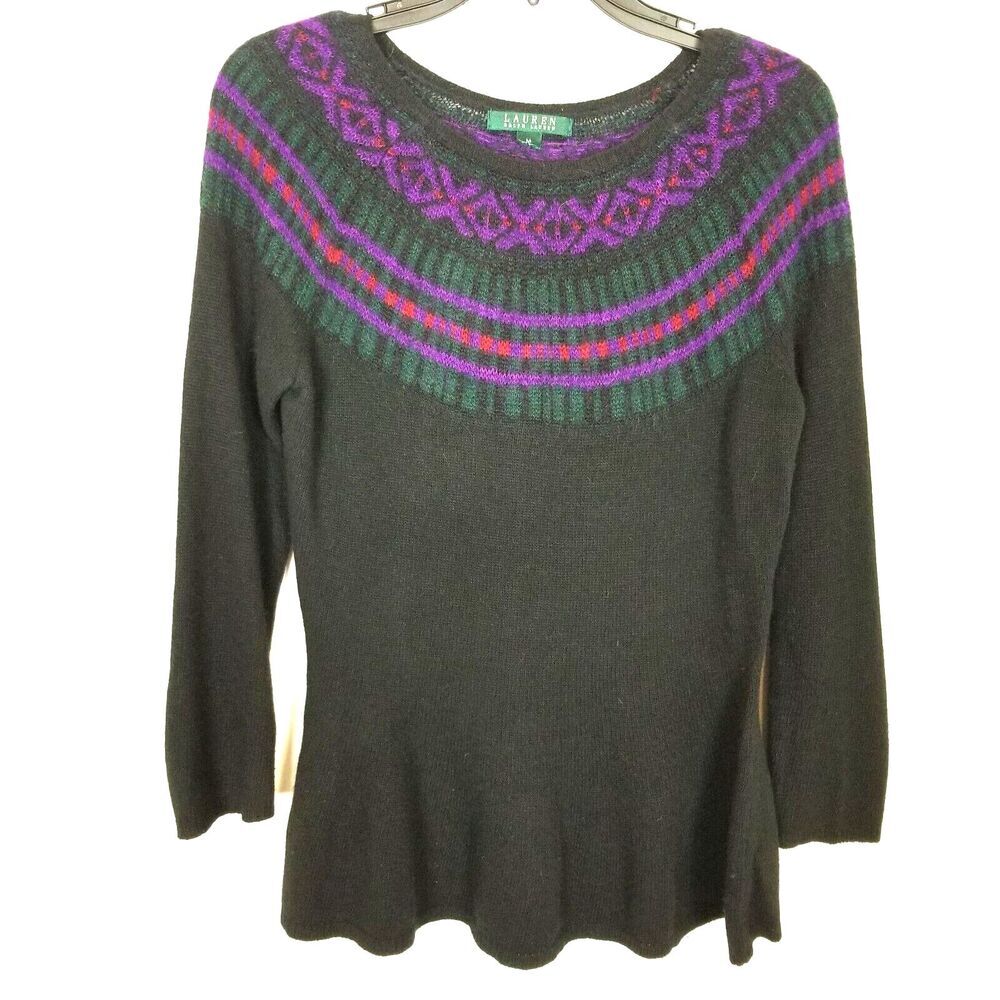Lauren Ralph Lauren Women Fair‎ Isle Sweater M Mohair Wool Blend Black Pullover